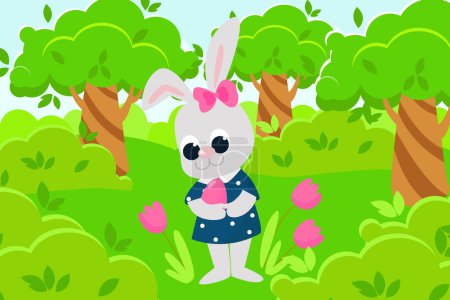 A cartoon-style scene of the Easter Bunny standing in a meadow among bushes, flowers and trees. The rabbit is wearing a dress and holding an Easter egg.