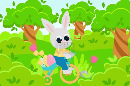 A cartoon-style scene of the Easter Bunny riding a bicycle and carrying decorative eggs in a basket to a clearing among bushes, flowers and trees. The rabbit is dressed in a shirt and pants.