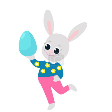 Un conejito de Pascua feliz vistiendo pantalones y una camisa sostiene un huevo pintado en sus patas. Ilustración festiva en estilo de dibujos animados aislados sobre fondo blanco.