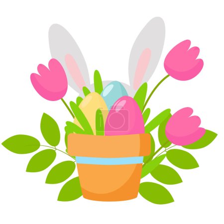 Téléchargez les photos : Un pot de fleurs avec des œufs de Pâques à l'intérieur. Des oreilles de lapin et des tulipes se détachent près du pot. Illustration de décor de vacances en style dessin animé isolé sur fond blanc. - en image libre de droit