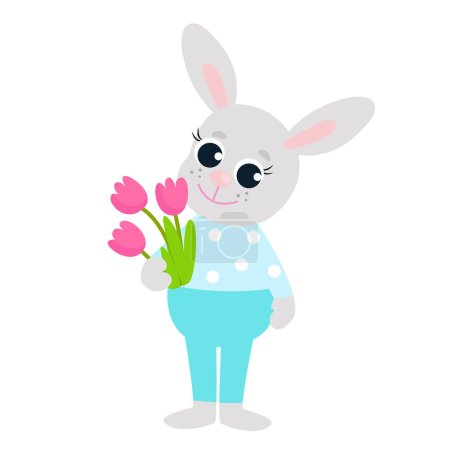 The Easter bunny is dressed in pants and a shirt and holds spring flowers, pink tulips, in his paws. Festive illustration in cartoon style isolated on white background.