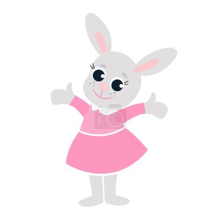 Chica conejita de Pascua en un vestido rosa. Ilustración festiva de carácter feliz en estilo de dibujos animados aislados sobre fondo blanco.