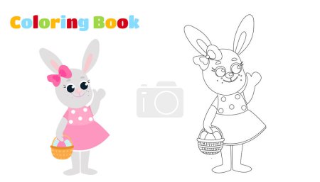 Illustration for Coloring page. The Easter bunny is dressed in a dress and holds a basket with decorative eggs in his paws. Festive illustration in cartoon style. - Royalty Free Image
