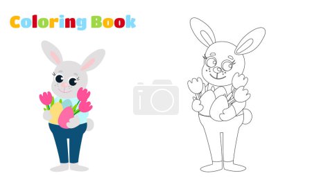 Illustration for Coloring page. The Easter bunny is dressed in pants and a shirt and holds decorative eggs and spring tulips in his paws. Festive illustration in cartoon style. - Royalty Free Image