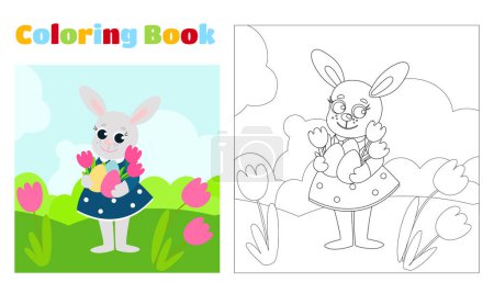 Illustration for Coloring page. An Easter bunny in a dress holds a decorative egg and tulips in its paws. The animal is on a green meadow. Festive illustration in cartoon style. - Royalty Free Image