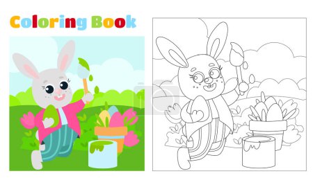Coloring page. The Easter bunny is dressed in pants and a shirt, holds a brush in his paws and paints decorative eggs. The animal will be on a green meadow.