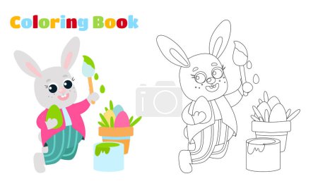 Téléchargez les illustrations : Coloriage. Le lapin de Pâques est vêtu d'un pantalon et d'une chemise, tient un pinceau dans ses pattes et peint des œufs décoratifs. - en licence libre de droit