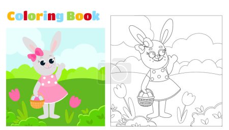 Coloring page. The Easter bunny is dressed in a dress and holds a basket with decorative eggs in his paws on a green meadow. Festive illustration in cartoon style.