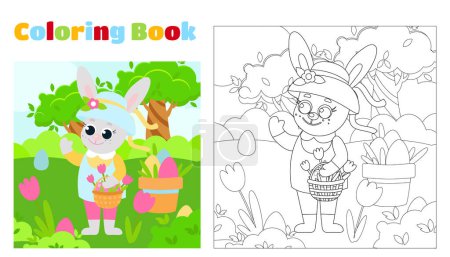 Página para colorear. El Conejo de Pascua La niña se encuentra entre el prado verde. El conejo sostiene una cesta con huevos decorativos.