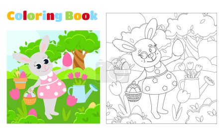 Coloring page. The Easter Bunny The girl stands among the green meadow. The bunny holds a basket with decorative eggs. Illustration in cartoon style.