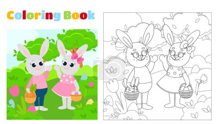 Illustration for Coloring page. The Easter Bunny and the Bunny girl are among the green meadow. The bunny holds a brush in his hands, he is coloring eggs. Illustration in cartoon style. - Royalty Free Image