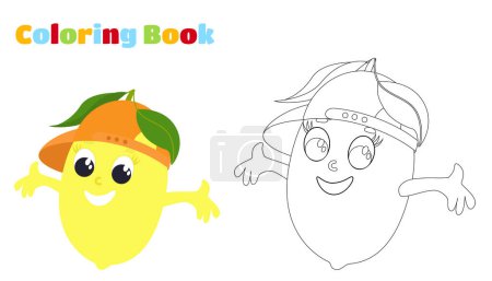 Illustration for Coloring page. Lemon in cartoon style. A fruit with a face and a leaf and in a baseball cap is happy and smiling. - Royalty Free Image