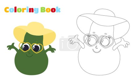 Illustration for Coloring page. Avocado in cartoon style.The avocado has a face and eyes, and the fruit is wearing a hat and heart-shaped glasses. - Royalty Free Image