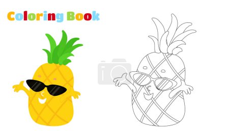 Illustration for Coloring page. Ananas  in cartoon style. A fruit with a face and glasses and a baseball cap is happy and smiling. - Royalty Free Image