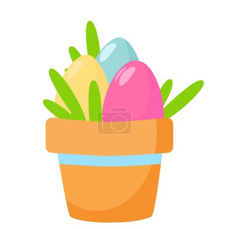A flower pot with Easter eggs inside. Illustration of holiday decor in cartoon style isolated on white background.
