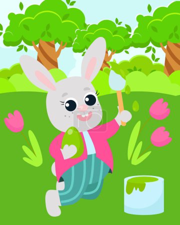 The Easter bunny is holding a brush in his paws in the middle of a green meadow.Illustration of a scene in a cartoon style.  Bunny paints decorative eggs. 