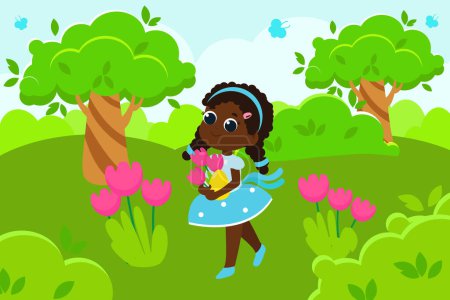 The girl stands in the middle of the meadow and holds flowers in her hands. Illustration in cartoon style.