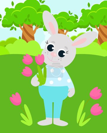The Easter bunny is dressed in pants and a shirt and holds spring flowers, pink tulips, in his paws. 