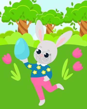 A happy Easter bunny wearing pants and a shirt holds a painted egg in his paws.