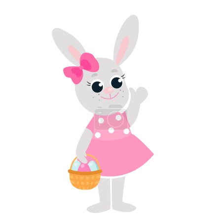 The Easter bunny is dressed in a dress and holds a basket with decorative eggs in his paws. Festive illustration in cartoon style isolated on white background.