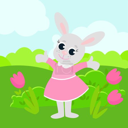 Easter bunny girl in a pink dress stands among the green meadow. Illustration in cartoon style.