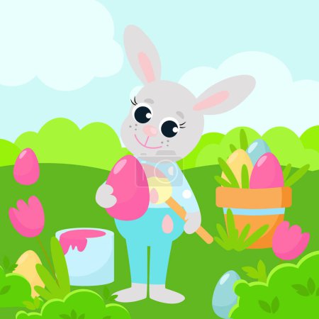 The Easter Bunny stands among the green alkali. The bunny holds a brush in his hands, he is coloring eggs. Illustration in cartoon style.