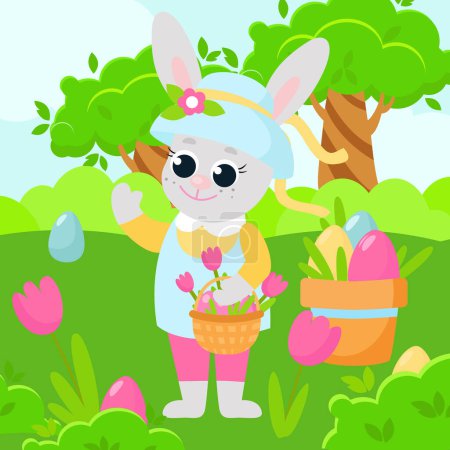 The Easter Bunny The girl stands among the green meadow. The bunny holds a basket with decorative eggs.