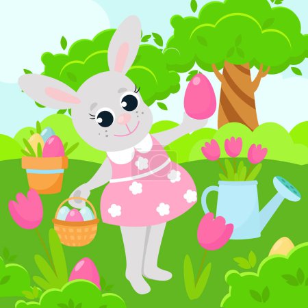 The Easter Bunny The girl stands among the green meadow. The bunny holds a basket with decorative eggs. Illustration in cartoon style.