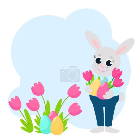 Background for text on Easter. The bunny is holding eggs and spring flowers. Vertical illustration in cartoon style.