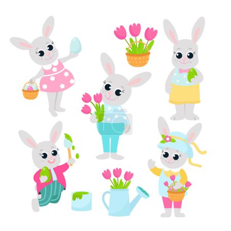 Set de Pascua. Conejitos de Pascua niños y niñas con flores y huevos decorativos. Los animales se visten, colorean los huevos y sonríen felices.