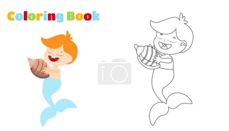 Illustration for Coloring page. Mermaid boy with seashell in cartoon style isolated on white background. - Royalty Free Image