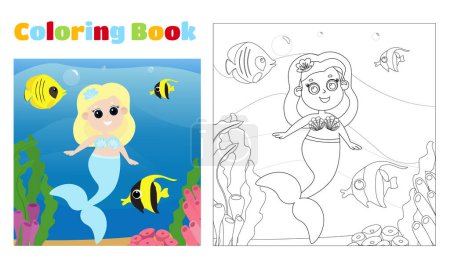Illustration for Coloring page. Mermaid with long hair underwater in cartoon style. - Royalty Free Image