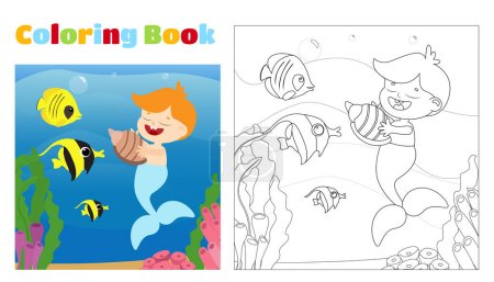 Illustration for Coloring page. A mermaid boy with a seashell in his hands and fishes under the water in a cartoon style. - Royalty Free Image