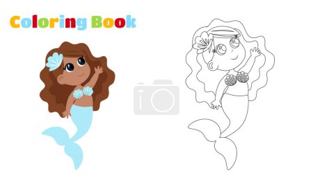 Illustration for Coloring page. Mermaid with big tail and beautiful hair in cartoon style. The girl has fair hair and big eyes. - Royalty Free Image