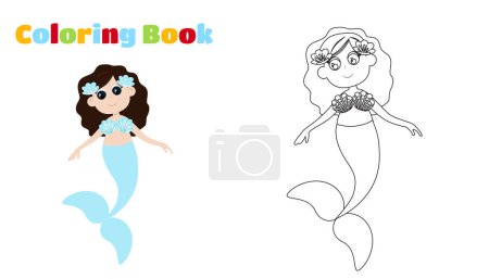 Illustration for Coloring page. Mermaid with big tail in cartoon style. The girl has fair hair and big eyes. - Royalty Free Image
