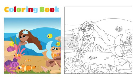 Illustration for Coloring page. Mermaid swims underwater with tropical fish in cartoon style. On the seabed there are stones, algae, corals and tropical fish. - Royalty Free Image
