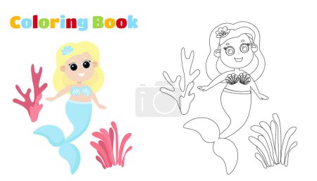 Illustration for Coloring page. Mermaid girl. The girl has long hair and a blue tail. - Royalty Free Image