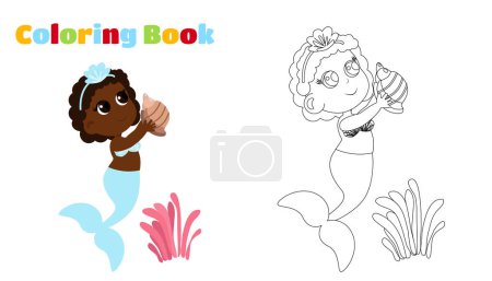 Illustration for Coloring page. Mermaid with seashell in cartoon style. The girl has fair hair and big eyes. - Royalty Free Image