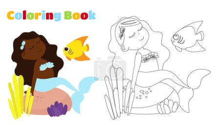 Illustration for Coloring page. A mermaid is sitting on a stone. Illustration for children in cartoon style. - Royalty Free Image