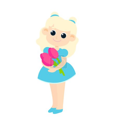 The girl holds tulips in her hands.  Illustration in cartoon style isolated on white background.