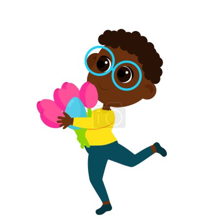 Téléchargez les photos : Le garçon tient des tulipes dans ses mains. Un enfant célèbre Pâques. Illustration en style dessin animé isolé sur fond blanc. - en image libre de droit
