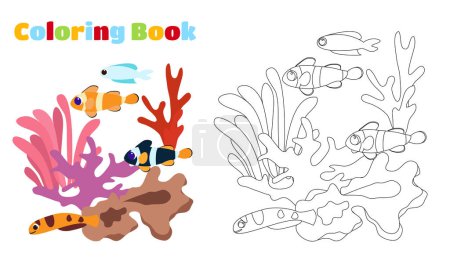 Illustration for Coloring page. Underwater corals and tropical fish, algae. Cartoon style illustration of ocean plants and fish. - Royalty Free Image