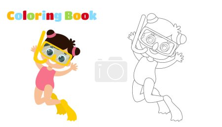 Coloring page. A cute girl in a swimsuit, fins and an underwater mask swims underwater. Child diver in cartoon style.