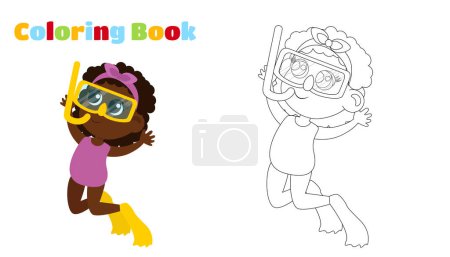 Coloring page. Little girl in swimsuit and snorkeling mask. Illustration of a child in cartoon style. Children's activity in nature.