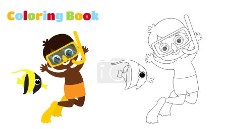 Coloring page. Cute boy in shorts, fins and snorkeling mask. Children's activity underwater. Child illustration in cartoon style.