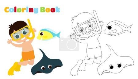 Coloring page. Cute boy diver in shorts, fins and snorkeling mask and tropical fish and stingray. Children's activity underwater. 
