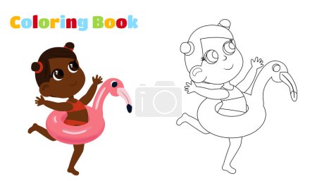 Illustration for Coloring page. A cute little girl runs with a pink flamingo inflatable ring. The child is dressed in a swimsuit and is happy. Summer holiday cartoon illustration. - Royalty Free Image