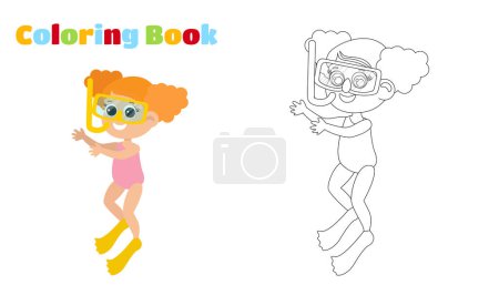 Coloring page. Girl in a swimsuit and snorkeling equipment. Child illustration in cartoon style. Children's activity underwater.