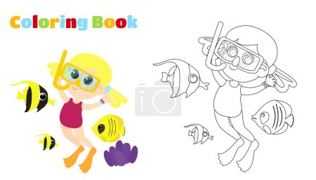 Illustration for Coloring page. A cute little girl in a swimsuit, fins and a snorkeling mask next to the fish. Children's activity underwater. Child illustration in cartoon style. - Royalty Free Image