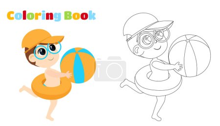 Illustration for Coloring page. The boy in summer beach shorts and glasses and baseball caps run with a ball in his hands. Cartoon illustration. - Royalty Free Image